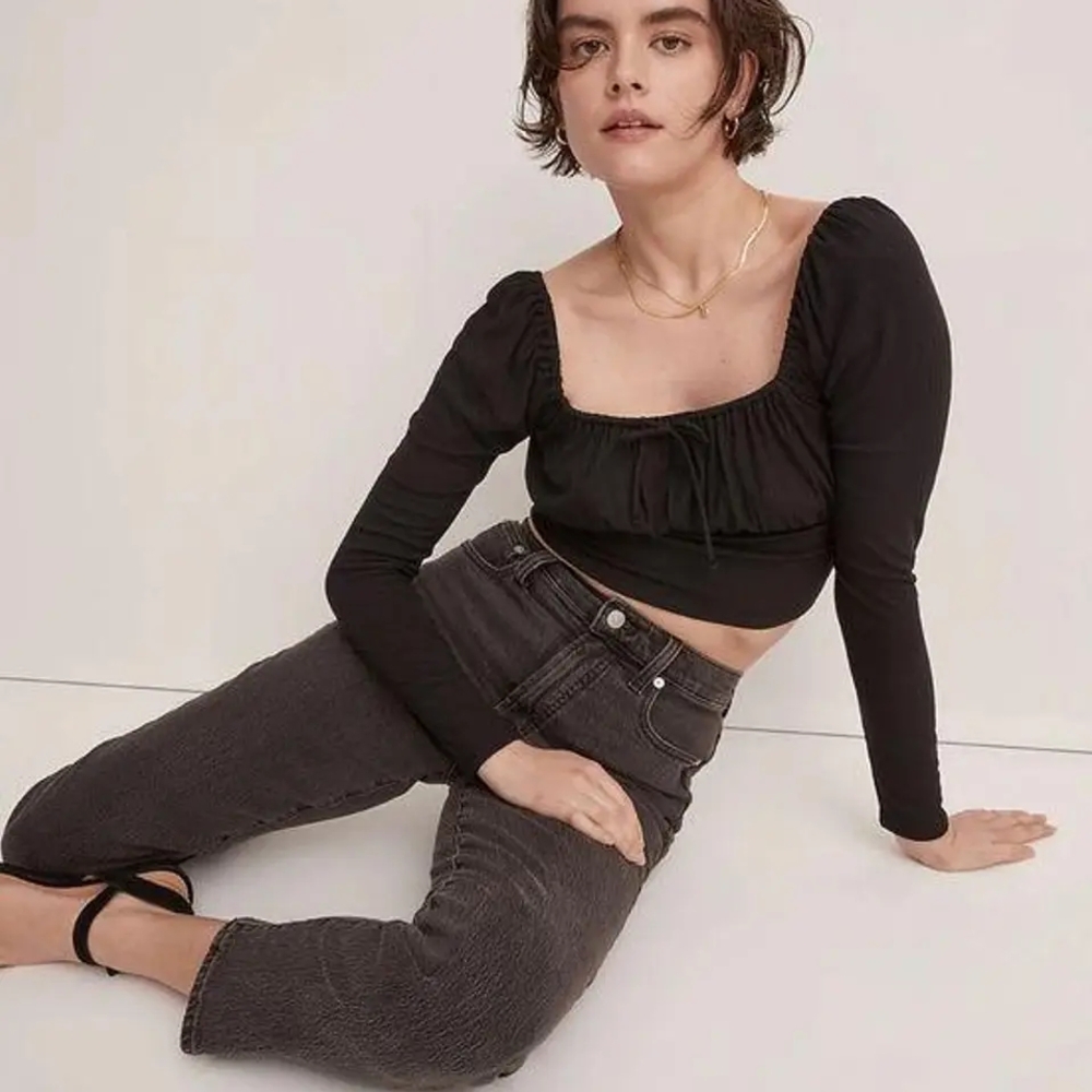 NWT MADEWELL Ribbed Square-Neck Long-Sleeve Top IN BLACK SZ SM